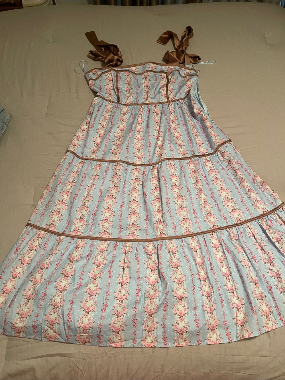 Peach Love California Blue Floral Maxi Dress with Brown Straps